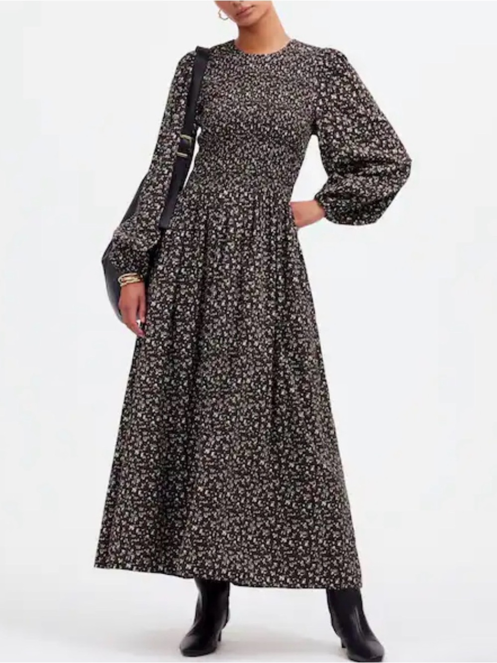 madewell The Melody Long-Sleeve Smocked Midi Dress in Dark Carob M